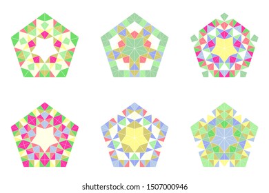 Ornate geometrical triangle mosaic pentagon logo template set - colorful ornamental polygonal abstract geometric vector illustrations with triangles