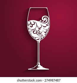 Ornate glass of wine. Vector element for wine list, menu design template. Vector illustration