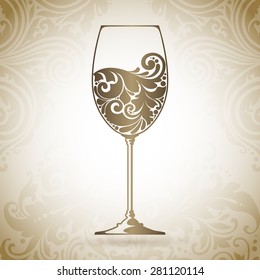 Ornate glass of wine. Vector element for wine list, menu design template. Vector illustration. Decorative icon on a background with pattern