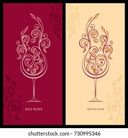  Ornate glasses of red and white wine. Vector element for wine list, menu design template. Vector illustration