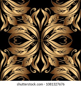 Ornate gold 3d Baroque seamless pattern. Floral vintage ornamental vector background. Abstract flowers, scroll leaves, antique damask ornaments in baroque victorian style. Wallpaper. Fabric. Textile.