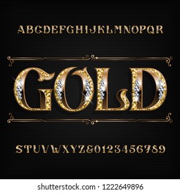 Ornate gold alphabet font. Jeweler golden letters and numbers with diamond gemstones. Stock vector typescript for your design.