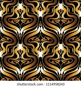 Ornate gold and black abstract vector seamless pattern. Ornamental elegant patterned background. Beautiful vintage line art tracery ornaments. Decorative elegant design for wallpapers, fabric, prints