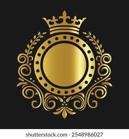 Ornate Gold Circular Emblem with Crown and Flourish Patterns on Black  
