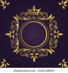 Ornate gold circular frame with crown and floral motifs on deep purple background in regal symmetrical design