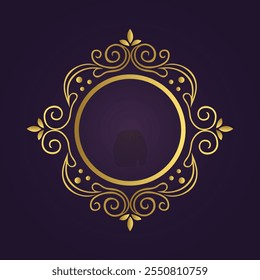 Ornate gold circular frame with floral motifs on deep purple background in an elegant decorative design