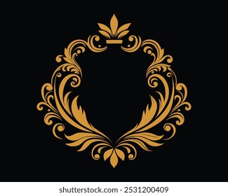 an ornate gold color emblem on a black background.