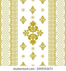 Ornate ouro bordas decorativas e motivo floral na tela branca padrões sem emenda ilustração vetor para papel de parede, tecido, embalagem, empacotamento. Ornamento de flor de damasco.