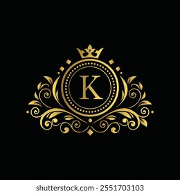 Ornate Gold Emblem with Crown and Floral Motifs on Black Background.