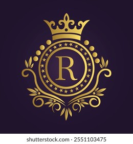 Ornate Gold Emblem with Crown and Letter 'R' on Purple Background  
