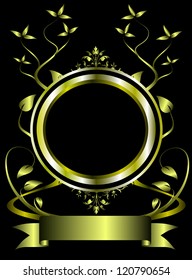 An ornate gold  floral frame design with room for text on a black background
