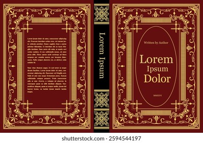 Ornate gold frame design adorning a red book cover and spine, evoking a vintage, classic aesthetic