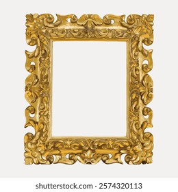 Ornate gold frame with intricate carvings. Gold frame, decorative details, and ornate design. Elegant gold frame, perfect for art or photos. Isolated vintage art illustration, vector element.