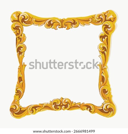 Ornate gold frame with intricate patterns. Decorative gold frame, perfect for art or photos. Elegant and classic gold frame design for vintage style decor. Frame vector with copy space.