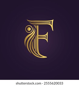 Ornate Gold Letter F with Elegant Curves on Dark Purple Background  