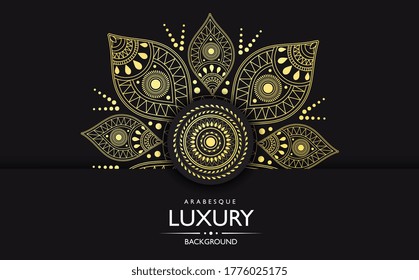 Ornate gold Luxury mandala with intricate pattern over a black background with text, colored vector illustration