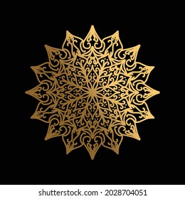 Ornate gold Luxury mandala with intricate pattern over a black background with text, colored vector illustration