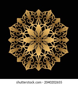 Ornate gold Luxury mandala with intricate pattern over a black background with text, colored vector illustration