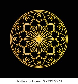 Ornate Gold Mandala Design on Black Background. This elegant, symmetrical mandala design features intricate, gold-outlined floral patterns arranged in a circular motif.