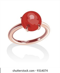 Ornate gold ring with red bead on a white background.