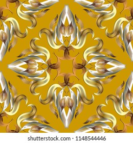 Ornate gold silver 3d vector Damask seamless pattern. Floral ornamental luxury background. Elegance vintage antique style flowers, leaves. Beautiful ornaments. Surface design for fabric, wallpapers