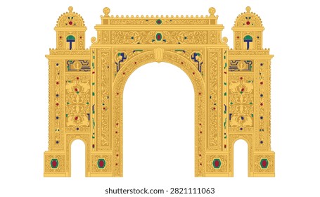 Ornate golden arched gate with decorative patterns and jewel-like accents on a clean white background.