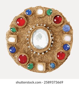 Ornate golden brooch with colorful gemstones. The brooch features red, blue, and green gems. Intricate design with a central white stone. Elegant brooch design. Vintage illustration isolated, vector.