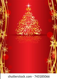 Ornate golden Christmas tree on red background - Possible to create holiday cards and ornaments.