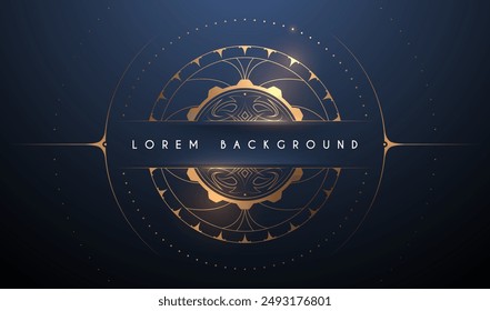 Ornate golden circle frame template on blue background