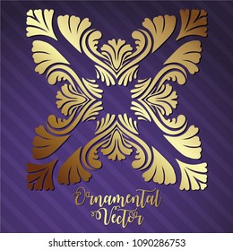 Ornate golden design element with striped background.