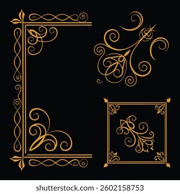 Ornate golden filigree corners, Art Nouveau style flourishes, Elegant scrollwork designs, Decorative golden borders on black background.