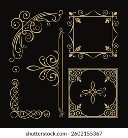 Ornate golden filigree designs, intricate floral patterns, elegant swirls and curls, decorative frames and borders.