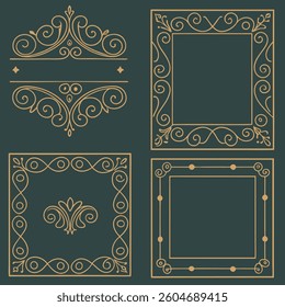 Ornate golden filigree frames, Art Nouveau style decorative elements, Emerald green background.