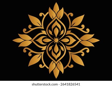 Ornate Golden Floral Design on Black Background Intricate symmetrical pattern with leaves and swirling lines evokes elegance and sophistication
