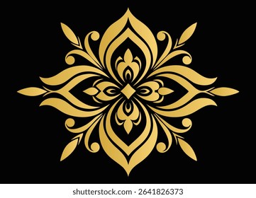 Ornate Golden Floral Design Symmetrical Arrangement Elegant Flourishes Decorative Pattern Isolated on Black Background Art Nouveau Style