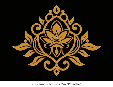 Ornate Golden Floral Emblem Design on Black Background A Luxurious and Elegant Decorative Element for Various Creative Projects