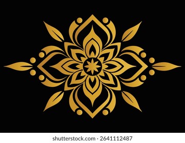 Ornate Golden Floral Medallion Design on Black Background A Luxurious Decorative Element Evoking Elegance and Sophistication With Flowing Lines