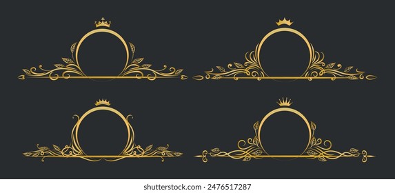 Ornate golden floral monogram circle frames. Retro royal emblem with crown set isolated on black background vector illustration