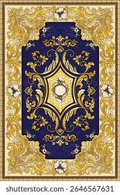 Ornate golden floral and scroll design with central ivory blossom on deep blue background.