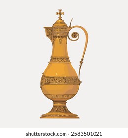 Ornate golden jug with intricate patterns. Elegant jug design with golden details. Decorative jug showcasing golden craftsmanship. Vintage golden jug art. Vintage home decor illustration vector.