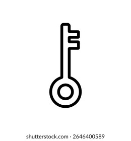 Ornate golden key icon in line style with vintage teeth and loop handle. Suitable for treasure chests, locked quests, and mystery puzzle games.