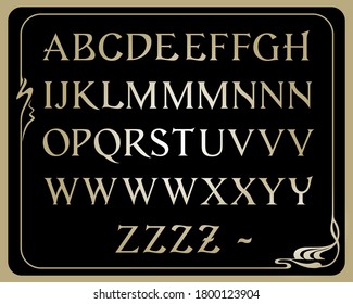 Ornate golden letters, ABC. Art Nouveau, modern style of 1920s. With variations. Decorative rectangular framework, modern style.