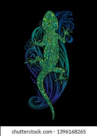 Ornate golden lizard decorated ethnic ornaments and sumptuous patterns with a mandala and silver waves on a black background. For tattoo, embossing, printing on fabric, design of T-shirts