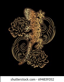 Ornate golden lizard decorated ethnic ornaments and sumptuous patterns with a mandala and silver waves on a black background. For tattoo, embossing, printing on fabric, design of T-shirts