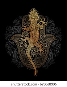 Ornate golden lizard decorated ethnic ornaments and sumptuous patterns with a mandala and silver waves on a black background. For tattoo, embossing, printing on fabric, design of T-shirts