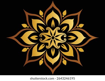 Ornate Golden Mandala Design with Brown Outlines Radiating Outward Against a Black Background Creating a Visually Striking and Symmetrical Pattern
