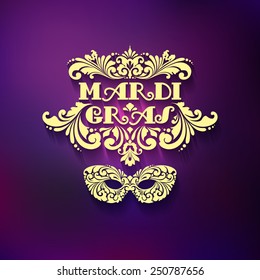 Ornate golden mask and decorative inscription on blurred background Mardi Gras Vector illustration