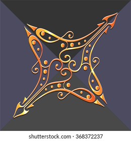 ornate Golden ornament with hearts at the base with a dark gray background, vector
