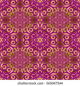 Ornate golden pattern for design. Floral oriental decor. Luxury wallpaper on purple. Ornament for invitations, birthday, greeting cards, web pages. Vector seamless texture in Eastern style.