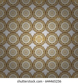 Ornate golden pattern for design. Floral oriental decor. Luxury wallpaper on gray. Ornament for invitations, birthday, greeting cards, web pages. Vector seamless texture in Eastern style.